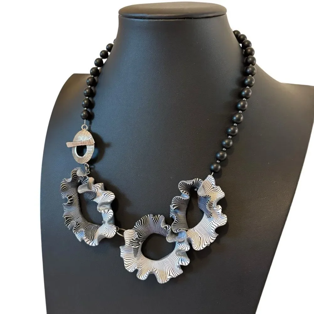 One Of A Kind Black & White Polymer Clay & SS Statement Necklace.